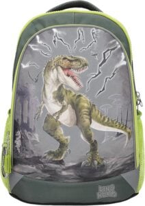 Backpack with a green trim featuring a roaring T-rex in a prehistoric scene on the front panel.