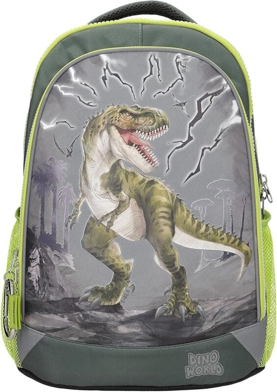 Backpack with a green trim featuring a roaring T-rex in a prehistoric scene on the front panel.