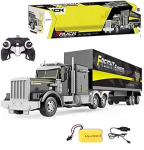 RC toy truck with trailer, handheld controller, and charging batteries included