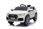 White toy Audi Q5 ride-on car with steering wheel and open-top seat, front-left view