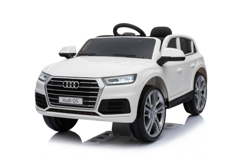 White toy Audi Q5 ride-on car with steering wheel and open-top seat, front-left view