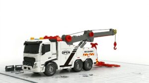 White toy tow truck with a gray extendable crane and red accents, including a hanging hook on a grid base surface.