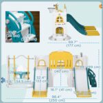 Infographic-style image of a children's playset with a slide, climbing tower, and swing, with dimensions annotated in inches and centimeters for overall size and component parts.