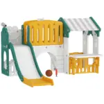 Colorful plastic children's play structure with a yellow gate, white slide, and striped roof sections; includes green supports and a small basketball next to the base.