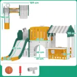 Modular kids' outdoor playground with a curved slide, yellow rails, green frame, and measurement lines showing height and lengths.