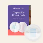 Purple Lansinoh box labeled Disposable Breast Pads with round white pads in front, product foreground