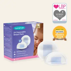 Purple Lansinoh box for 24 disposable breast pads with a baby image and several award badges nearby