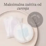 Croatian banner saying 'Maksimalna zaštita od curenja' with a round gray badge showing 'Holds 204' and a drop icon over a light pink background and white pads on a wooden plate (leak protection ad)