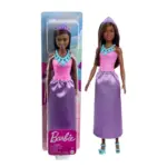 Fashion doll wearing a pink bodice, purple skirt, blue necklace and tiara, with matching blue sandals (packaged on left).