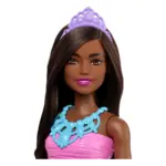 Doll with dark skin, long brown hair, wearing a purple tiara and pink strapless dress with a blue necklace.