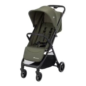 Olive-green baby stroller with canopy, 5-point harness, and black frame, plus a lower storage basket beneath the seat.