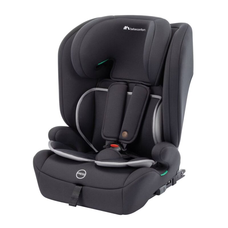 Gray child car seat with five-point harness and extensive body padding, designed for in-car use (bebeconfort branding visible on the headrest).