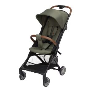 Olive-green baby stroller with canopy, brown handle, and black frame on white background.