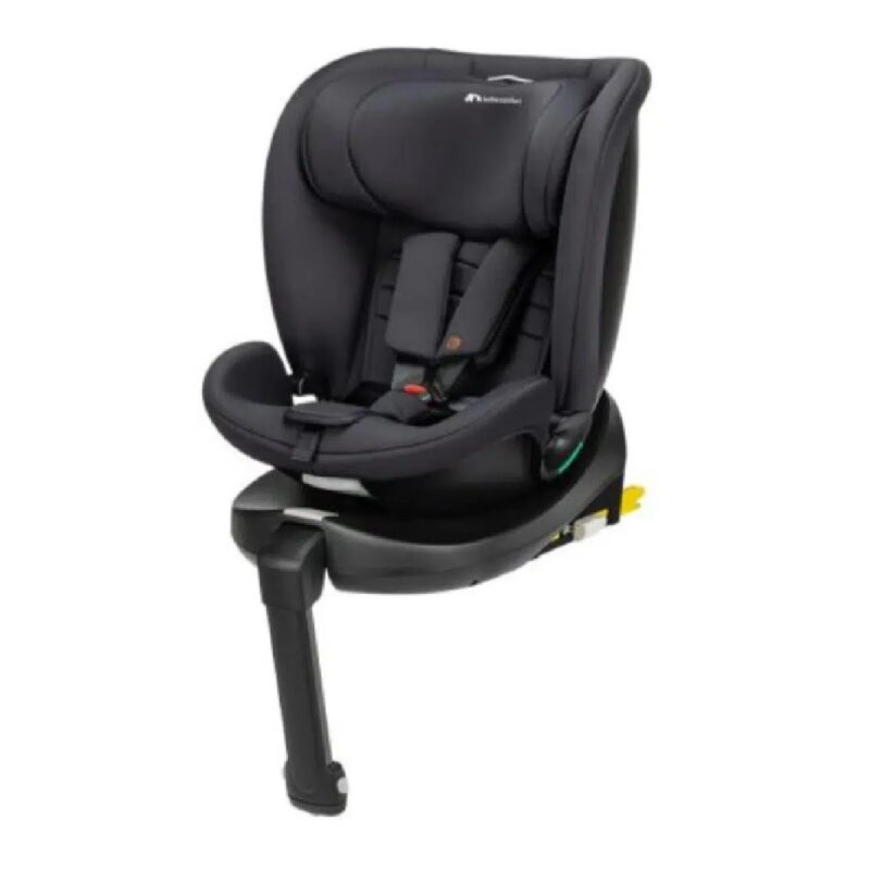 Black child/infant car seat with integrated base and support leg for vehicle installation