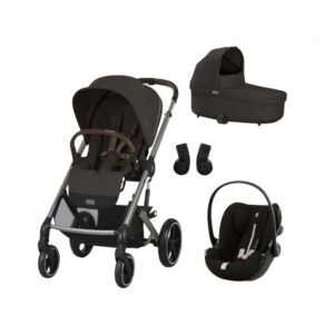 Complete baby travel system: brown stroller with canopy, matching bassinet, infant car seat, and adapters shown together.