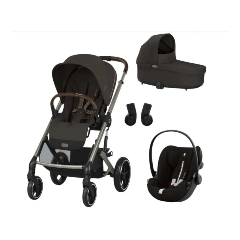 Cybex-Balios-S-Lux-3In1-Chocholate-Brown-Kolica-Slika-1-20260416153310768550 Complete baby travel system: brown stroller with canopy, matching bassinet, infant car seat, and adapters shown together.