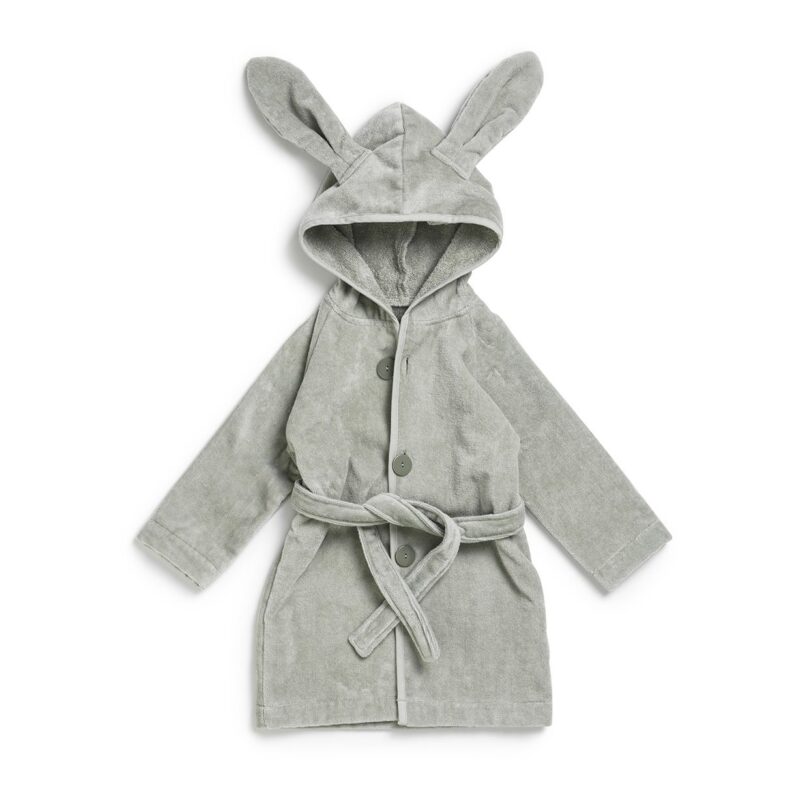 Gray children's bathrobe with a hood featuring bunny ears, tied at the waist with a belt fleece-like texture.