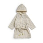 Cream-colored striped hooded robe with a belt and yellow-tipped tassels, laid flat.