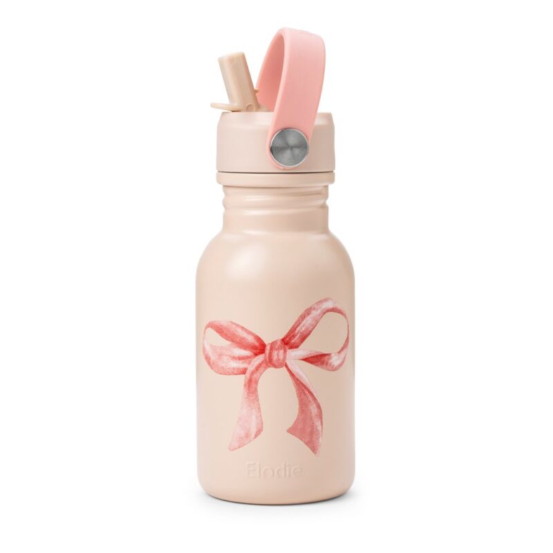 Pink insulated water bottle with a decorative pink lid and bow graphic on the front