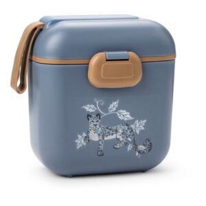 Blue lunch box with tan latch and strap, decorated with a white leopard design.