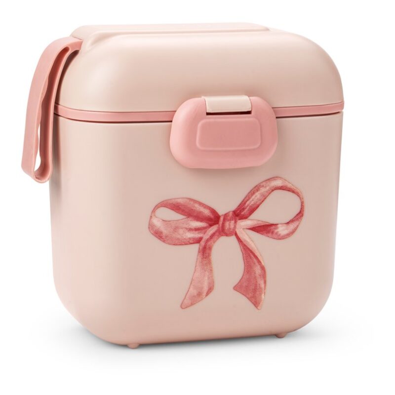 Pink lunchbox with a red bow illustration on the front and a pink latch area,