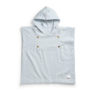Light blue hooded baby poncho towel with brass snap buttons on the chest/shoulder area
