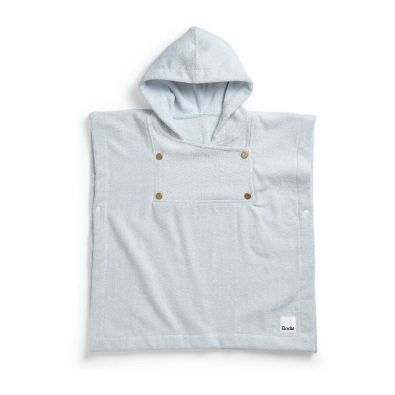 Light blue hooded baby poncho towel with brass snap buttons on the chest/shoulder area
