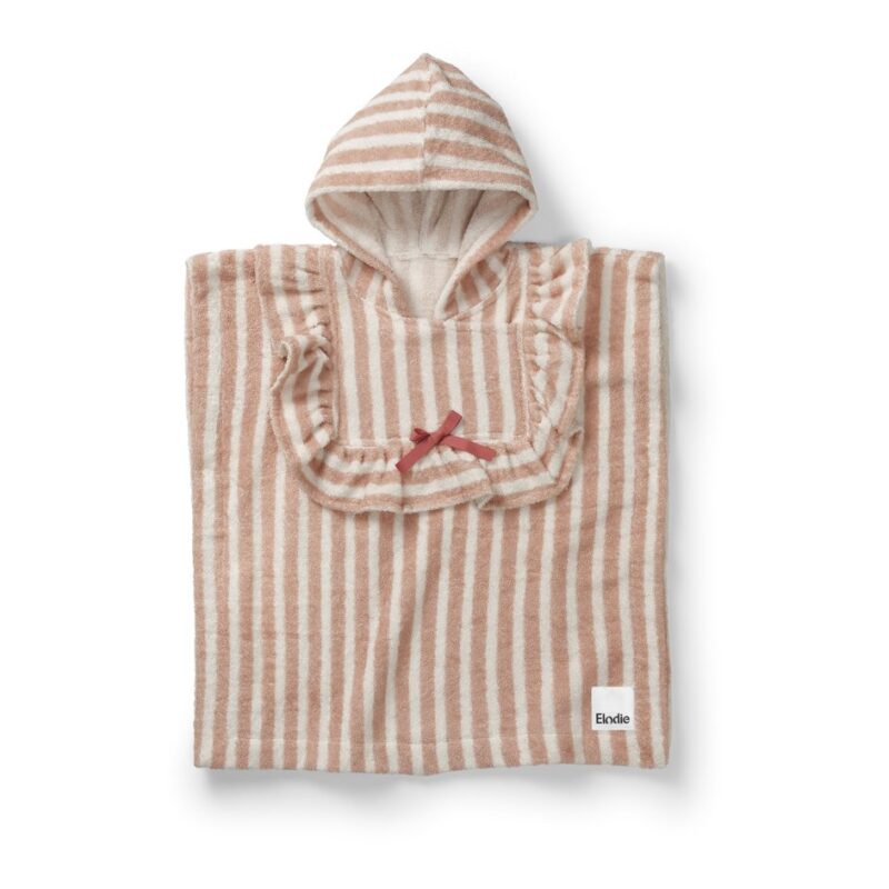 Baby hooded towel poncho with pink and white stripes and a small red bow at the front.