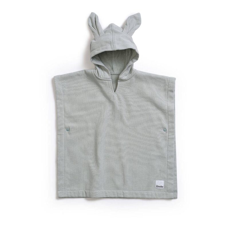 Light gray sleeveless hooded poncho with bunny-ear hood, single-piece towel-style garment for kids/babies