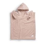 Soft pink hooded baby towel with ruffled sleeves, laid flat; Elodie brand tag.