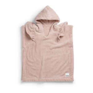Soft pink hooded baby towel with ruffled sleeves, laid flat; Elodie brand tag.