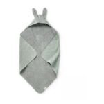 Gray hooded baby towel with bunny ears, folded in half on a white background.