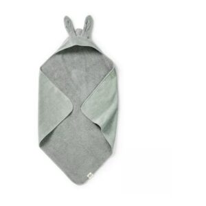 Gray hooded baby towel with bunny ears, folded in half on a white background.