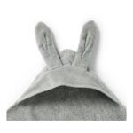 Top view of a gray plush hood with two bunny ears, part of a soft fleece blanket.