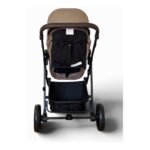 Back view of a brown stroller with black storage bag attached to the frame and large wheels on both sides.