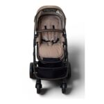 Front view of a beige baby stroller with a brown handle and four wheels on a white background.