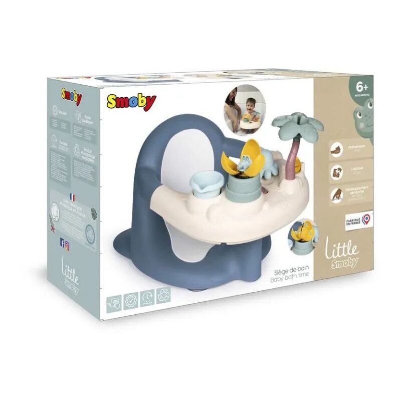 Product box for Smoby Little Bath Time playset, showing a blue and beige baby bathtub with accessories like a palm tree and toys for ages 6+.