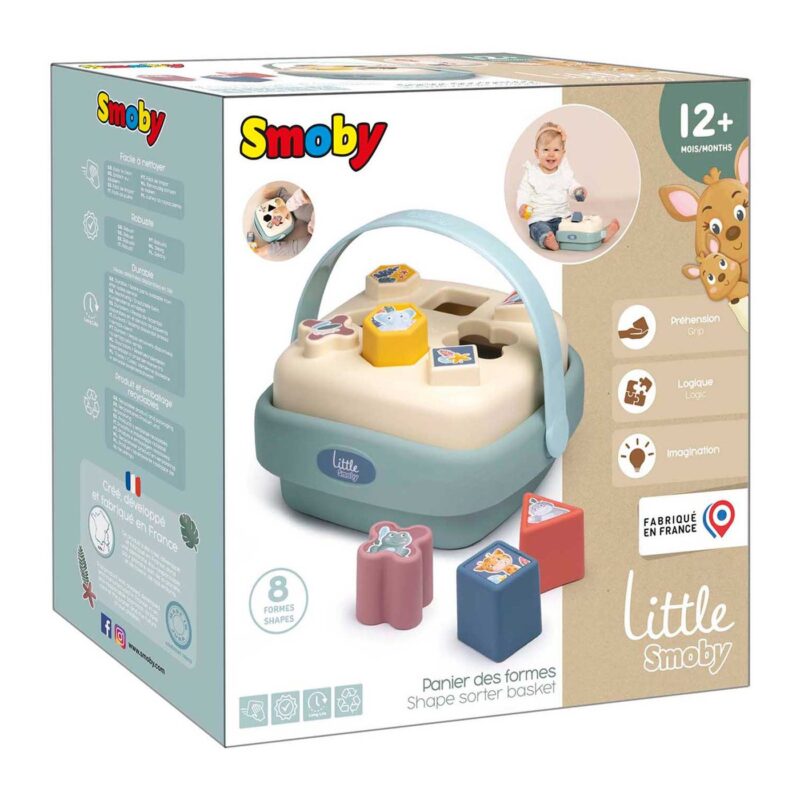 Shape sorter toy in a teal basket with beige lid, showing 8 shapes and blocks; box art with Smoby branding and child imagery in the corner.