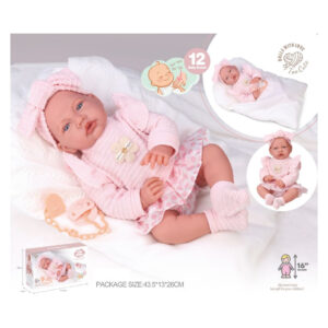 Pregnant? No—it's a soft baby doll dressed in pink knit outfit with bow headband, lying on a white blanket, with a pacifier and teething toy nearby; packaging shows 16" size.