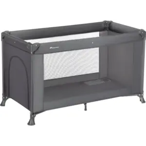 Grey portable baby play yard with mesh window and open lower area, standing on four legs.