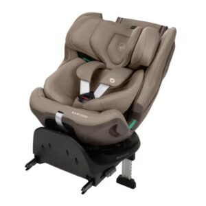 Beige Maxi-Cosi child car seat mounted on a black base with harness, head support, and side-impact cushions