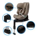 Beige child car seat mounted on a base with an adjustable support leg and ISOFIX connectors (safety installation shown).