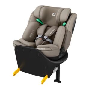 Beige infant car seat with a five-point harness mounted on a black base featuring yellow ISOFIX connectors for secure installation.