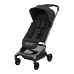 Black and gray baby stroller with sun canopy, padded seat, and five-wheel base on a white background, showing a 5-point harness.