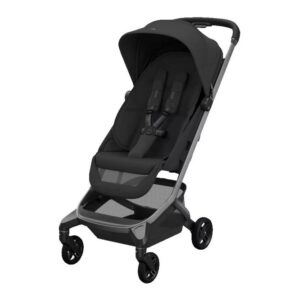Black and gray baby stroller with sun canopy, padded seat, and five-wheel base on a white background, showing a 5-point harness.