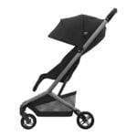 Black baby stroller with a three-wheel design, large adjustable canopy, and a storage basket underneath.