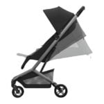 Stroller with a black canopy and gray frame, seat in a mid-recline position.