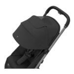 Black baby stroller with a large canopy and curved handle, shown at an angle from the side.