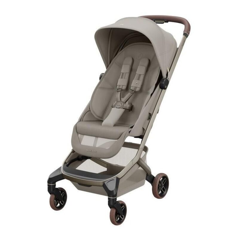 Light gray baby stroller with a canopy and a 5-point harness on a beige frame.