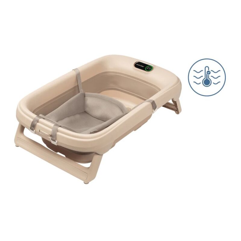 Beige baby bassinet with a padded interior, straps, and a digital temperature control on the side.